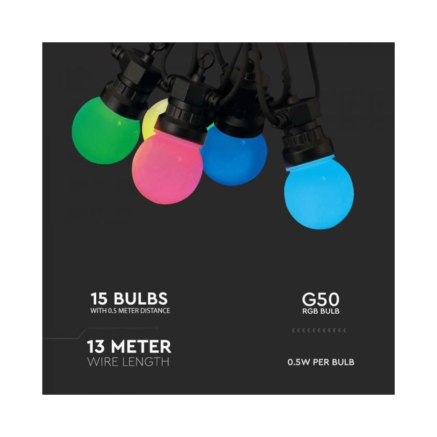 LED RGB Corrente exterior STRING 13 m 15xLED/0,5W/230V IP44 + controlo remoto