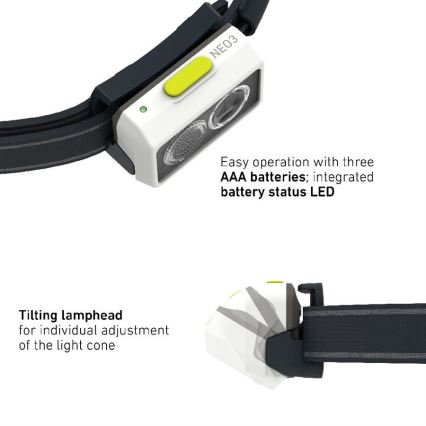 Ledlenser NEO3 - Lanterna Frontal LED Regulável LED/3xAAA IP54 400 lm 20 h preto/branco