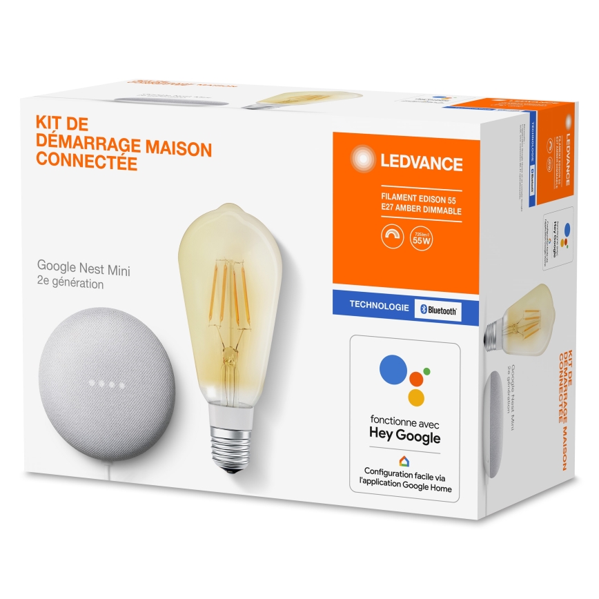 Ledvance - Altifalante inteligente Google Nest Mini + Lâmpada LED com regulação SMART+ E27/5,5W/230V