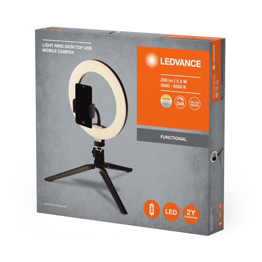 Ledvance - Candeeiro de mesa LED com regulação e suporte para vlogs LED/5,5W/USB 3000/4000/6500K