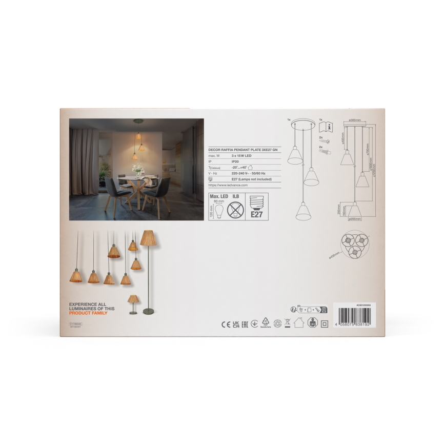 Ledvance - Candeeiro suspenso DECOR RAFFIA 3xE27/15W/230V bastão de ráfia