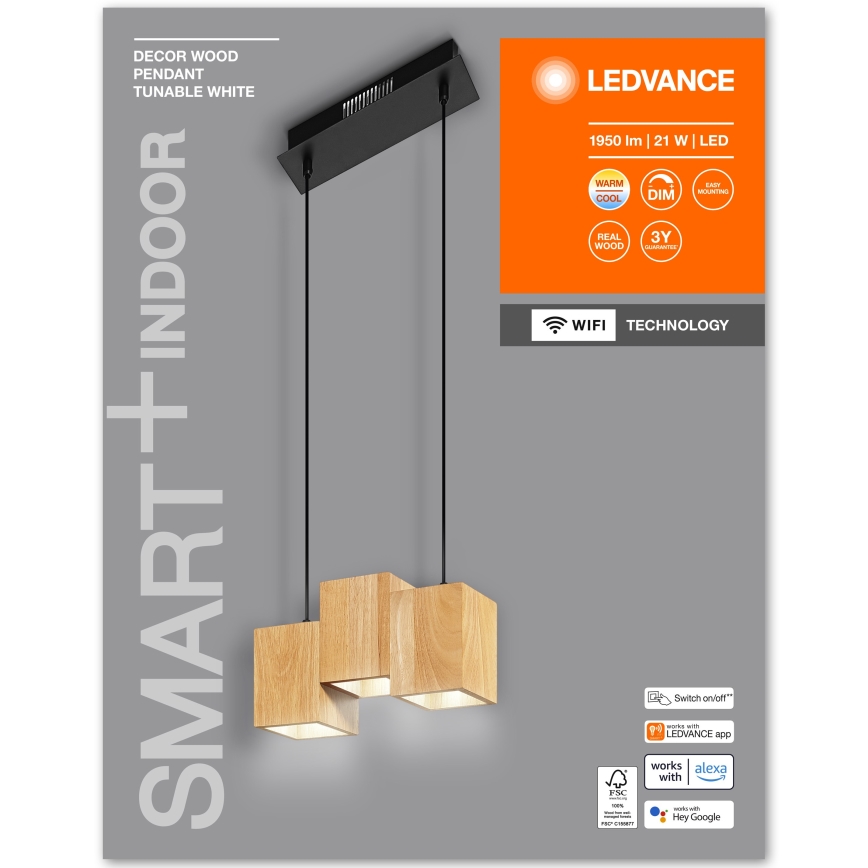 Ledvance - Candelabro suspenso LED com regulação DECOR WOOD 3xLED/7W/230V Wi-Fi