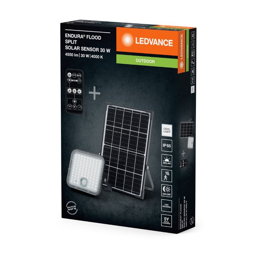 Ledvance - Holofote solar LED regulável com sensor FLOOD SPLIT LED/30W/6,4V IP65 + comando