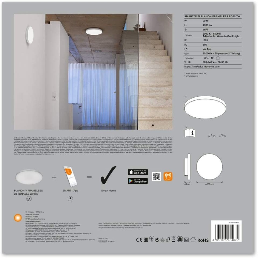 Ledvance - Iluminação de teto LED com regulação SMART+ FRAMELESS LED/20W/230V 3,000K-6,500K Wi-Fi