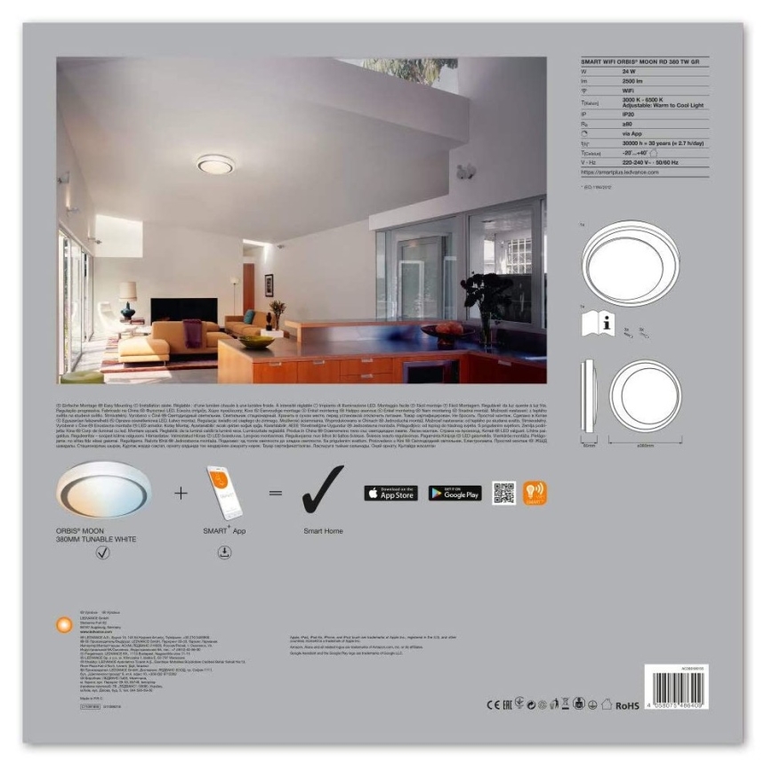 Ledvance - Iluminação LED com regulação SMART+ MOON LED/24W/230V 3,000K-6,500K Wi-Fi