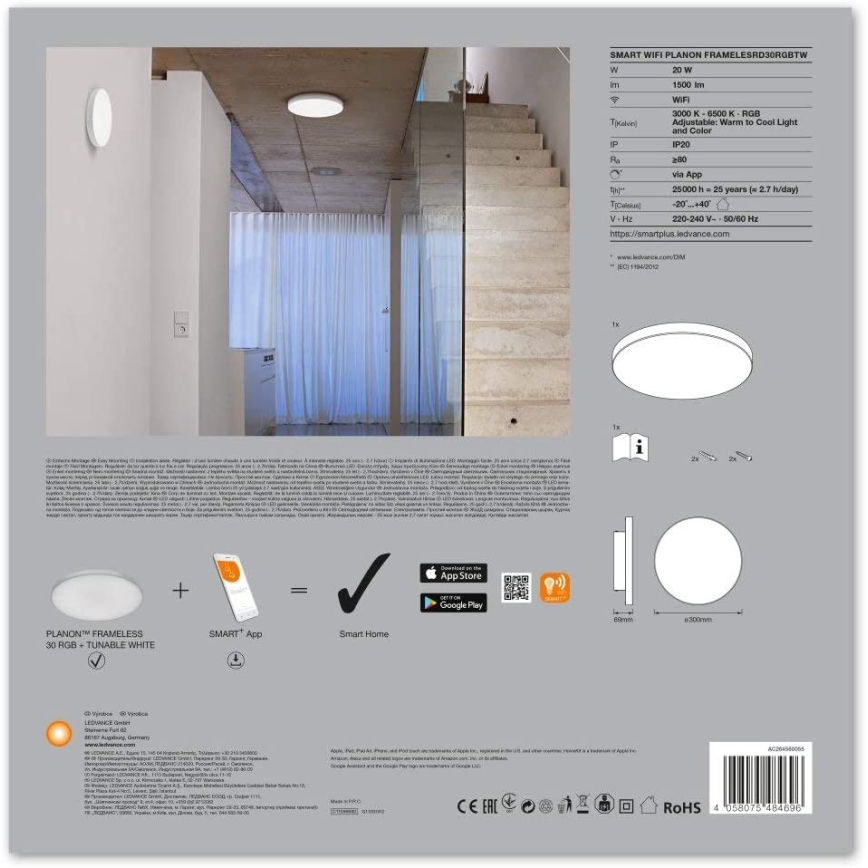 Ledvance - Iluminação LED RGB+TW com regulação SMART+ FRAMELESS LED/20W/230V 3000K-6500K