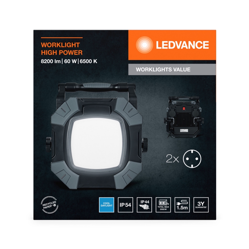 Ledvance - Iluminação de trabalho LED regulável com 2 tomadas WORKLIGHT VALUE LED/60W/230V IP54