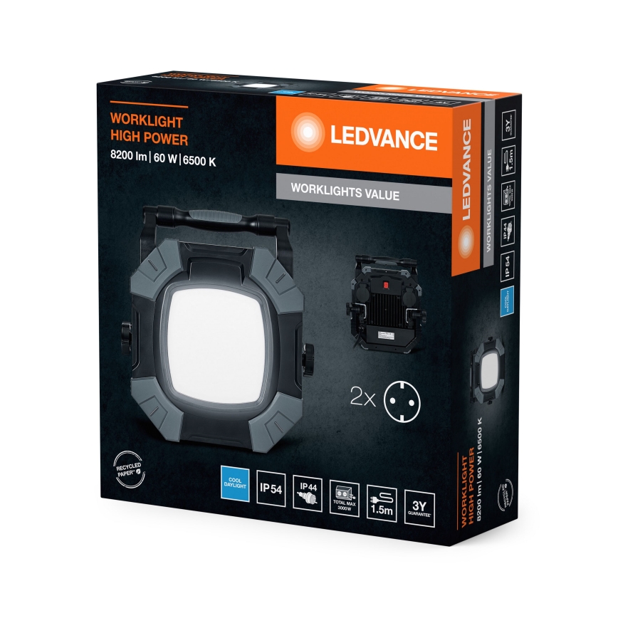 Ledvance - Iluminação de trabalho LED regulável com 2 tomadas WORKLIGHT VALUE LED/60W/230V IP54