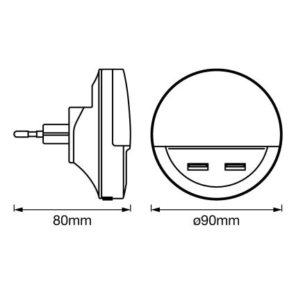 Ledvance - Iluminação noturna LED para tomada com sensor LUNETTA 2xUSB LED/13W/230V