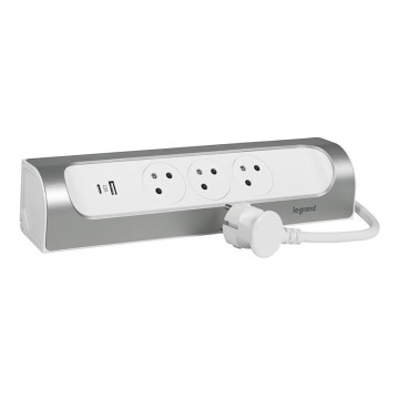 Legrand 049406 - Cabo de extensão 3Z Tipo E + USB-A + USB-C 1m prateado/branco