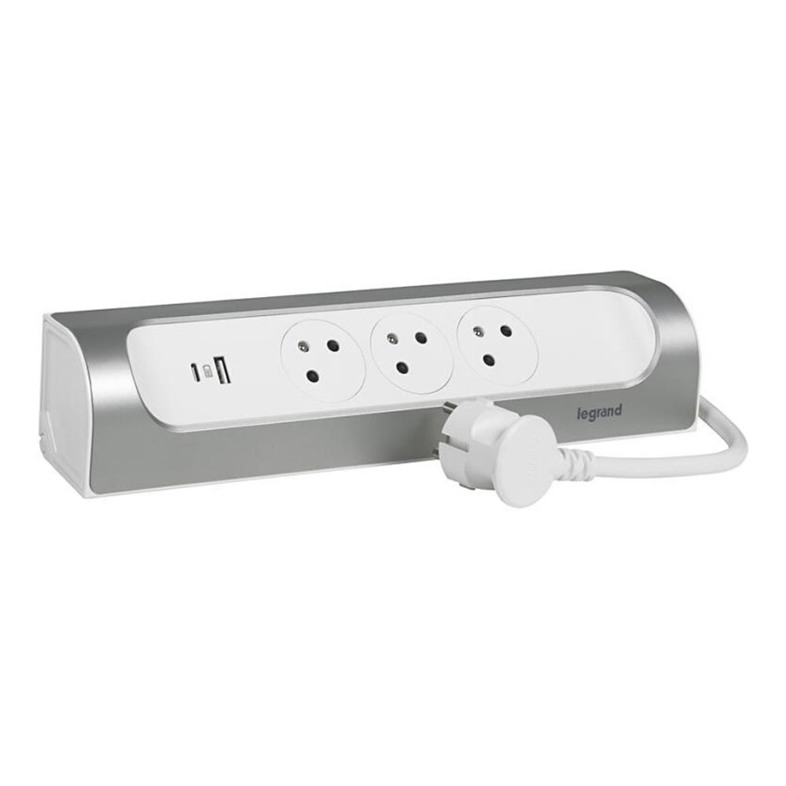 Legrand 049406 - Cabo de extensão 3Z Tipo E + USB-A + USB-C 1m prateado/branco
