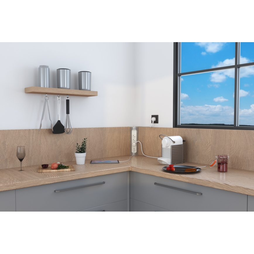 Legrand 049406 - Cabo de extensão 3Z Tipo E + USB-A + USB-C 1m prateado/branco