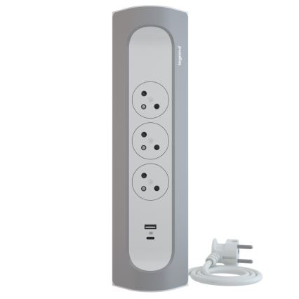 Legrand 049406 - Cabo de extensão 3Z Tipo E + USB-A + USB-C 1m prateado/branco