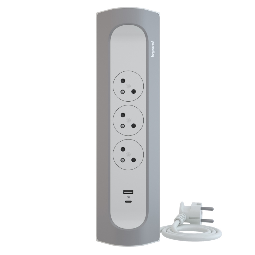 Legrand 049406 - Cabo de extensão 3Z Tipo E + USB-A + USB-C 1m prateado/branco