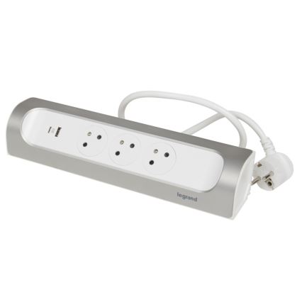 Legrand 049406 - Cabo de extensão 3Z Tipo E + USB-A + USB-C 1m prateado/branco
