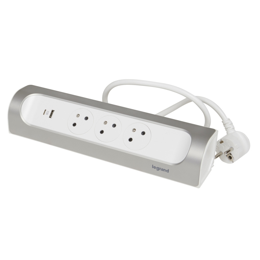 Legrand 049406 - Cabo de extensão 3Z Tipo E + USB-A + USB-C 1m prateado/branco