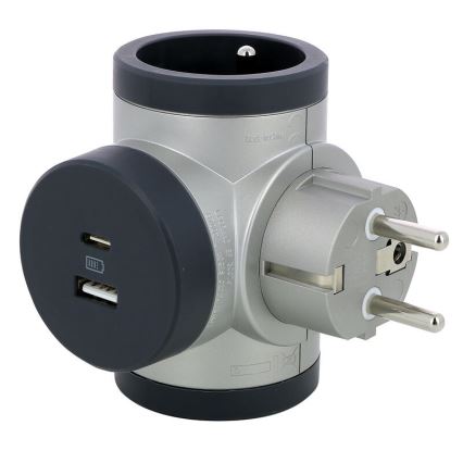 Legrand 049439 - Divisor de tomadas rotativo 2Z Tipo E, F + USB-A + USB-C prateado/preto