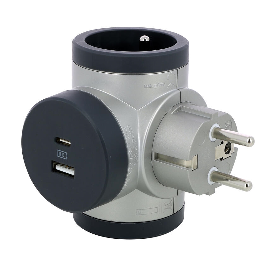 Legrand 049439 - Divisor de tomadas rotativo 2Z Tipo E + USB-A + USB-C prateado/preto