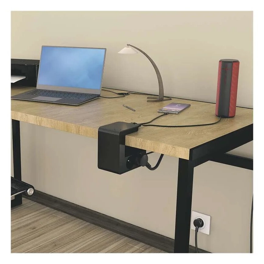 Legrand 050412 - Cabo de extensão com interruptor para tampo de mesa 4Z Tipo E + 2x USB-A 1,5m preto