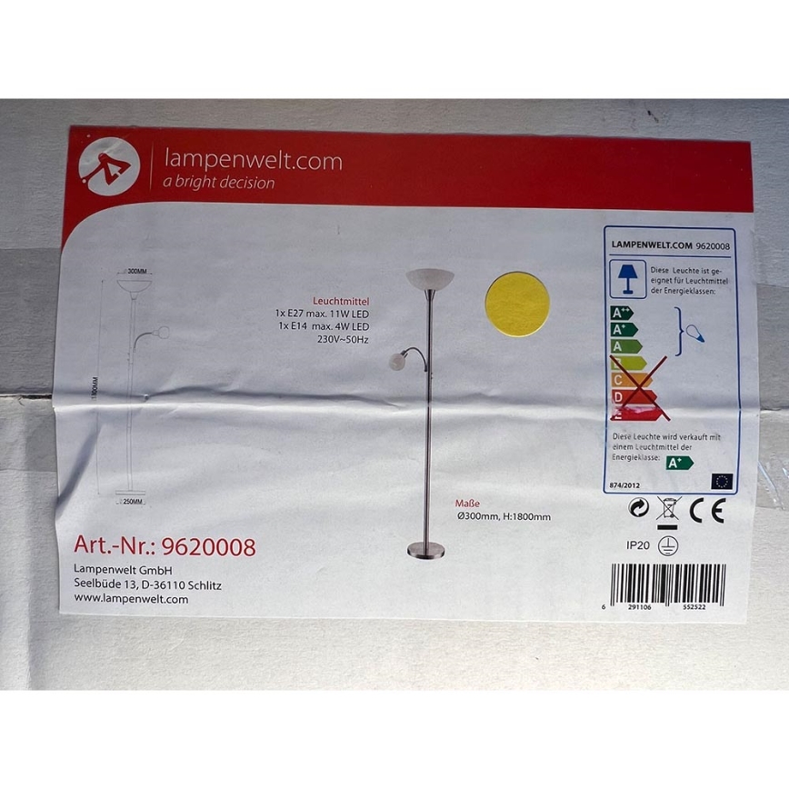 Lindby - Candeeiro de chão ELAINA 1xE27/11W/230V + 1xE14/4,5W/230V