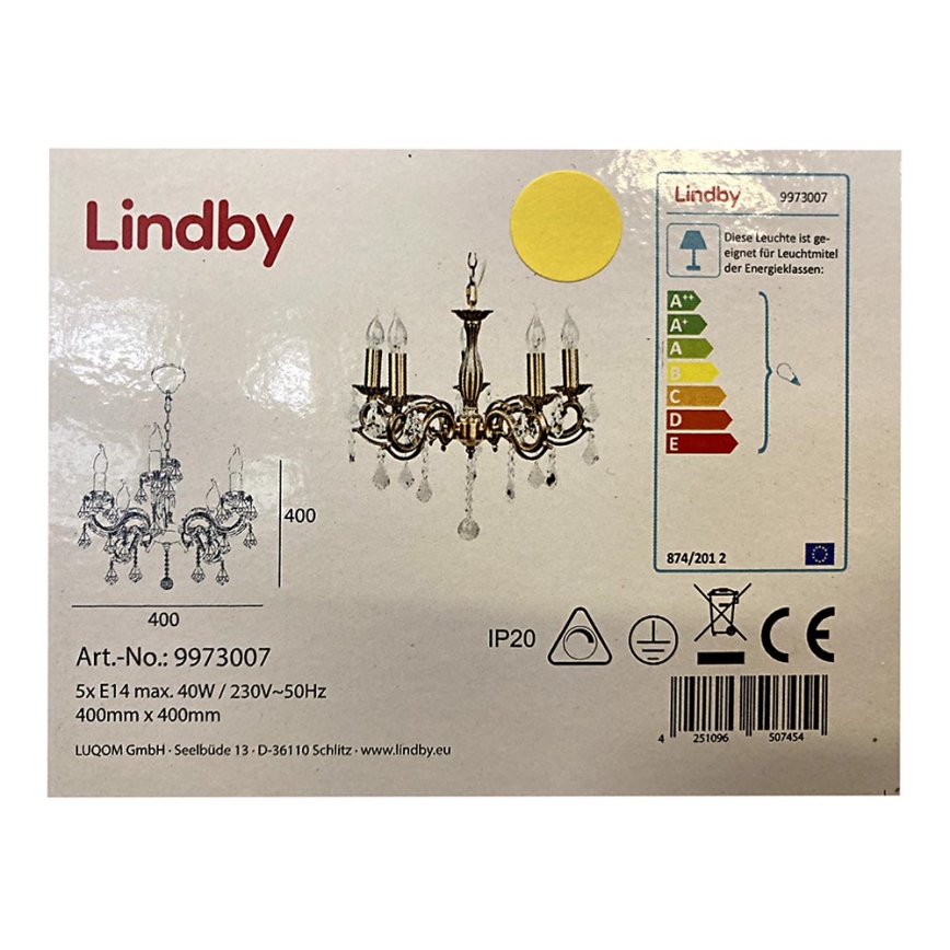Lindby - Candelabro suspenso KORA 5xE14/40W/230V