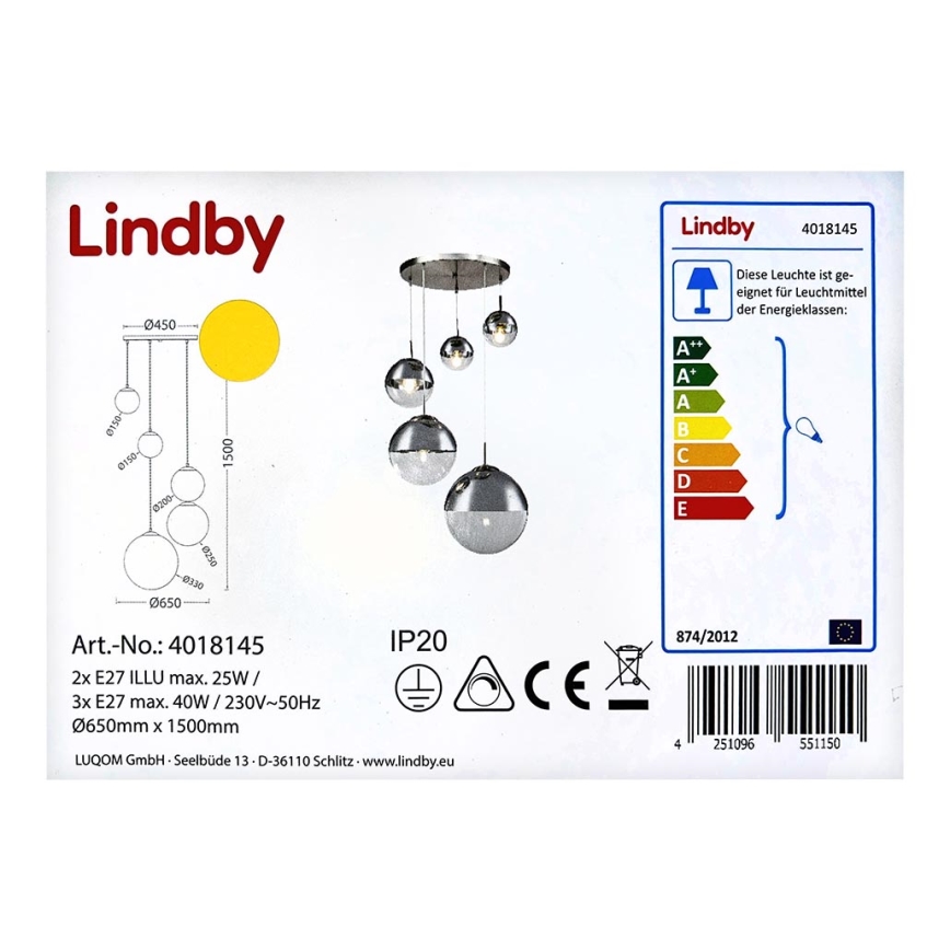 Lindby - Candelabro suspenso RAVENA 3xE27/40W/230V + 2xE27/25W/230V
