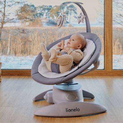 Lionelo - Baloiço infantil com melodia MELL Grey Stone 4x pilhas AA + controlo remoto