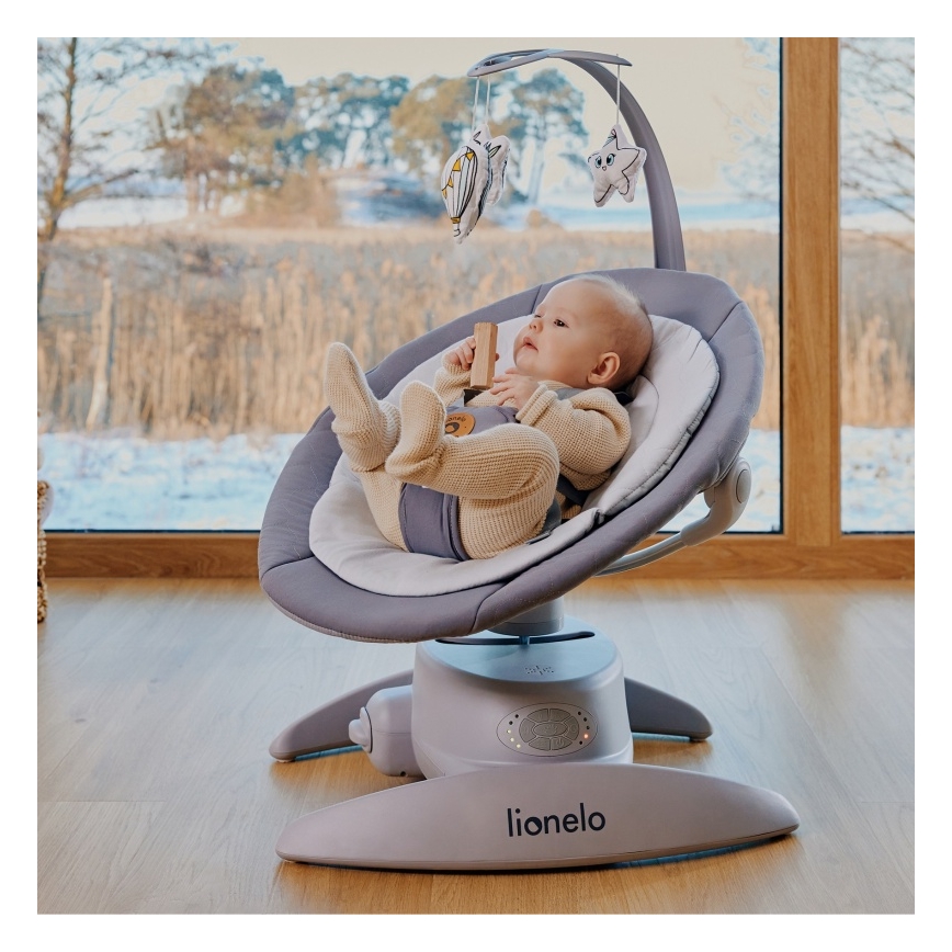 Lionelo - Baloiço infantil com melodia MELL Grey Stone 4x pilhas AA + controlo remoto