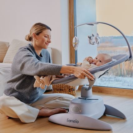 Lionelo - Baloiço infantil com melodia MELL Grey Stone 4x pilhas AA + controlo remoto
