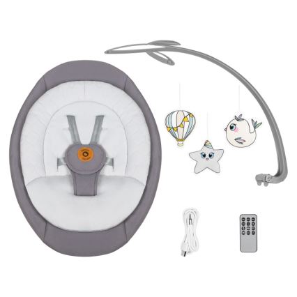 Lionelo - Baloiço infantil com melodia MELL Grey Stone 4x pilhas AA + controlo remoto