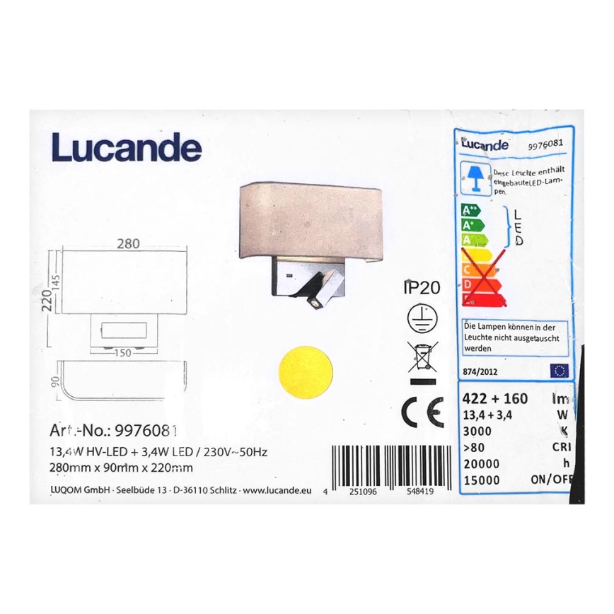Lucande - Candeeiro de parede LED VIRVE 1XLED/13,4W/230V + 1xLED/3,4W/230V