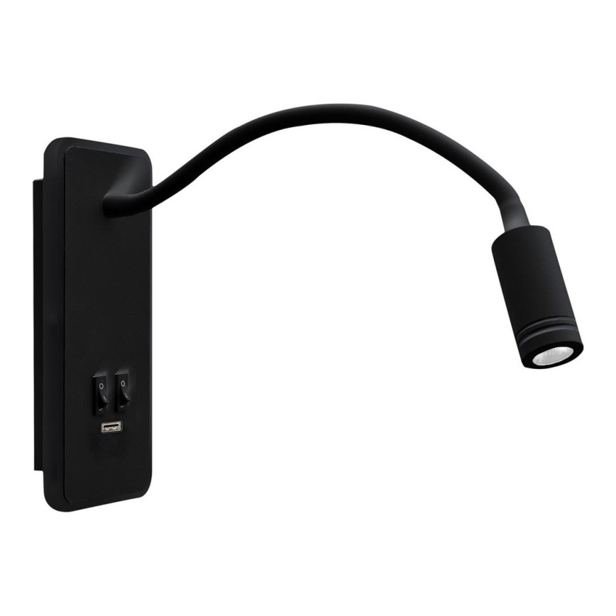 Luminária de parede flexível LED com USB BASE 1xLED/8W+1xLED/2W/230V preta