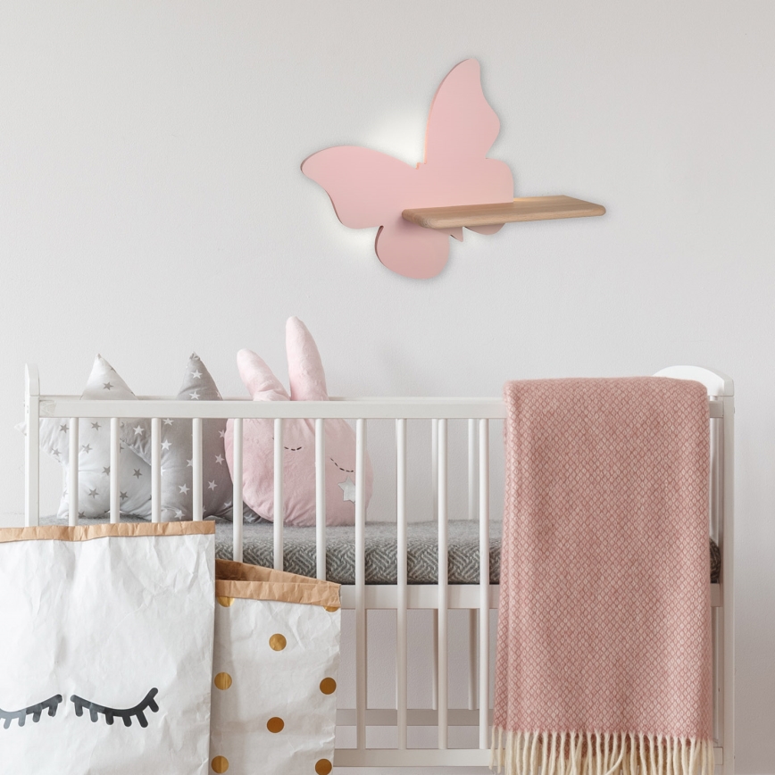 Luminária de parede infantil LED com prateleira BUTTERFLY LED/5W/230V rosa/madeira,