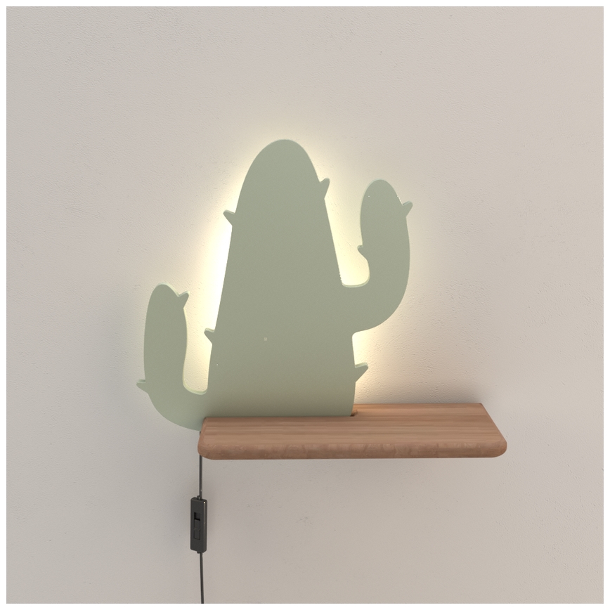 Luminária de parede infantil LED com prateleira CACTUS LED/4W/230V verde/madeira,