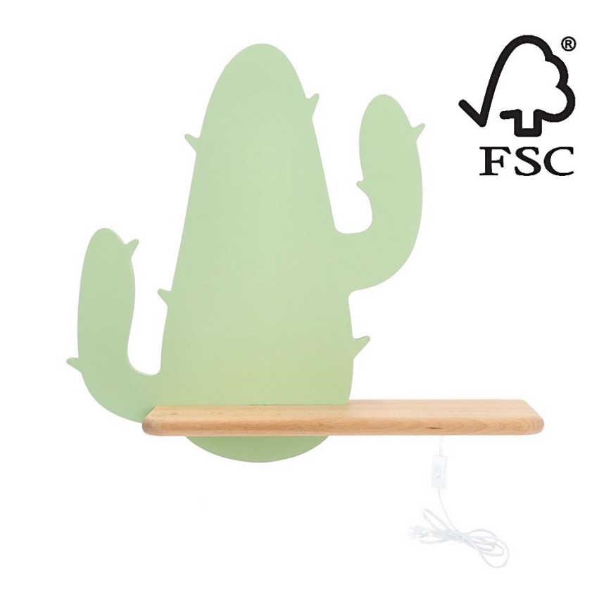 Luminária de parede infantil LED com prateleira CACTUS LED/4W/230V verde/madeira,