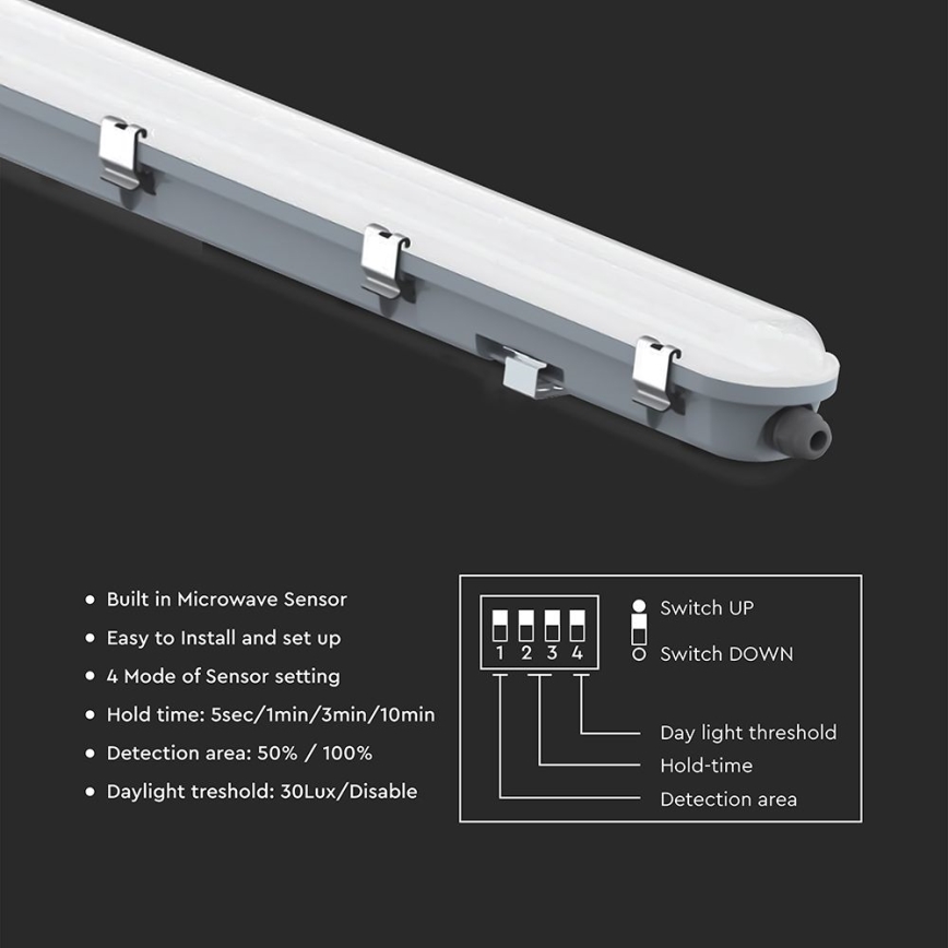 Luminária LED técnica tubular com sensor de movimento e de crepúsculo LED/48W/230V IP65 6500K 150 cm