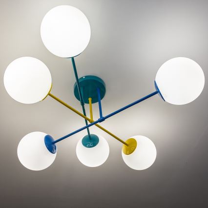 Lustre de montagem direta ao tecto MOON 6xE27/15W/230V turquesa/amarelo/azul