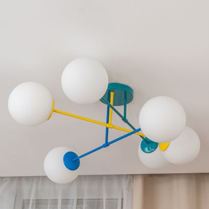 Lustre de montagem direta ao tecto MOON 6xE27/15W/230V turquesa/amarelo/azul