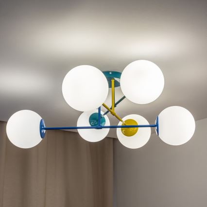 Lustre de montagem direta ao tecto MOON 6xE27/15W/230V turquesa/amarelo/azul
