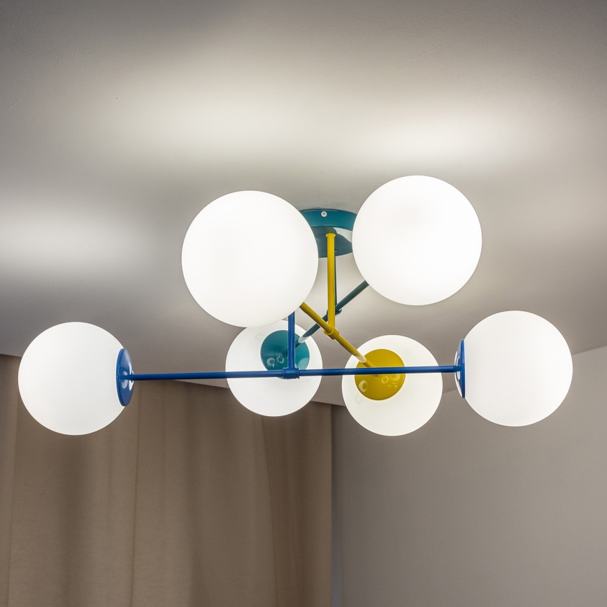 Lustre de montagem direta ao tecto MOON 6xE27/15W/230V turquesa/amarelo/azul