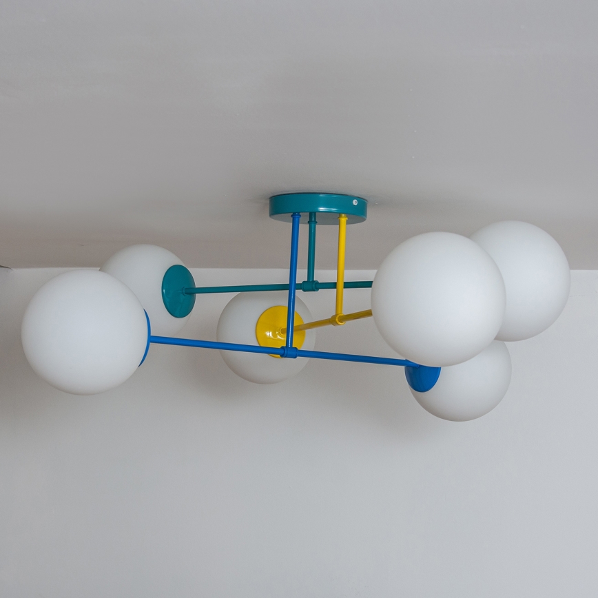 Lustre de montagem direta ao tecto MOON 6xE27/15W/230V turquesa/amarelo/azul