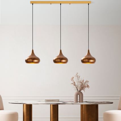 Lustre MUBA suspenso com cabo 3x E27/40W/230V, acabamento em cobre