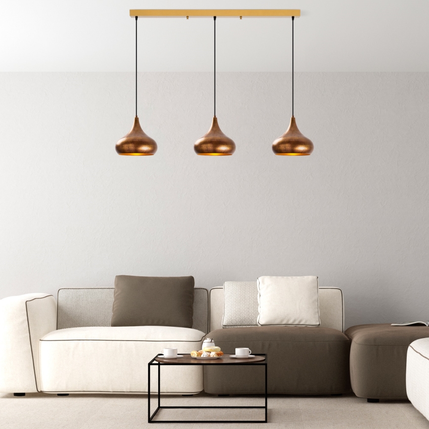 Lustre MUBA suspenso com cabo 3x E27/40W/230V, acabamento em cobre