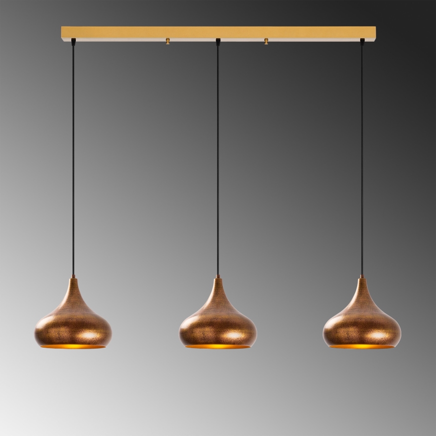 Lustre MUBA suspenso com cabo 3x E27/40W/230V, acabamento em cobre