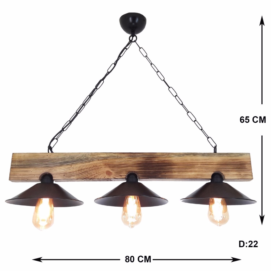 Lustre pendente HEPSI com cabo, 3xE27/40W/230V — acabamento abeto/nogueira