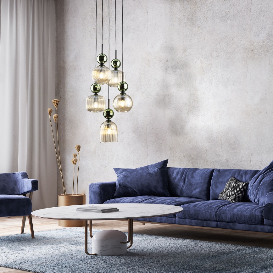 Lustre suspenso em cabo SOPHIA 5xE14/10W/230V preto/verde/bege fumado