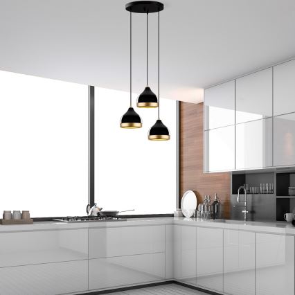 Lustre suspenso em cabo YILDO 3xE27/40W/230V preto/dourado