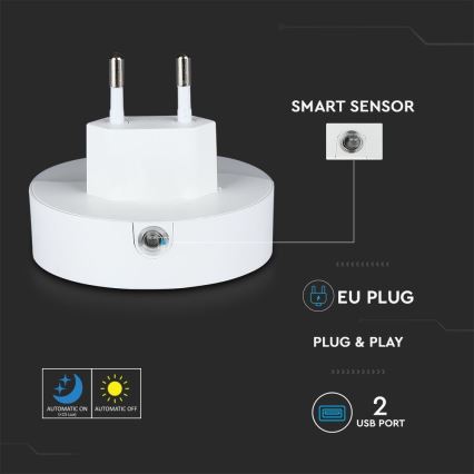 Luz LED noturna com sensor de anoitecer 2xUSB LED/0,45W/230V 3000K