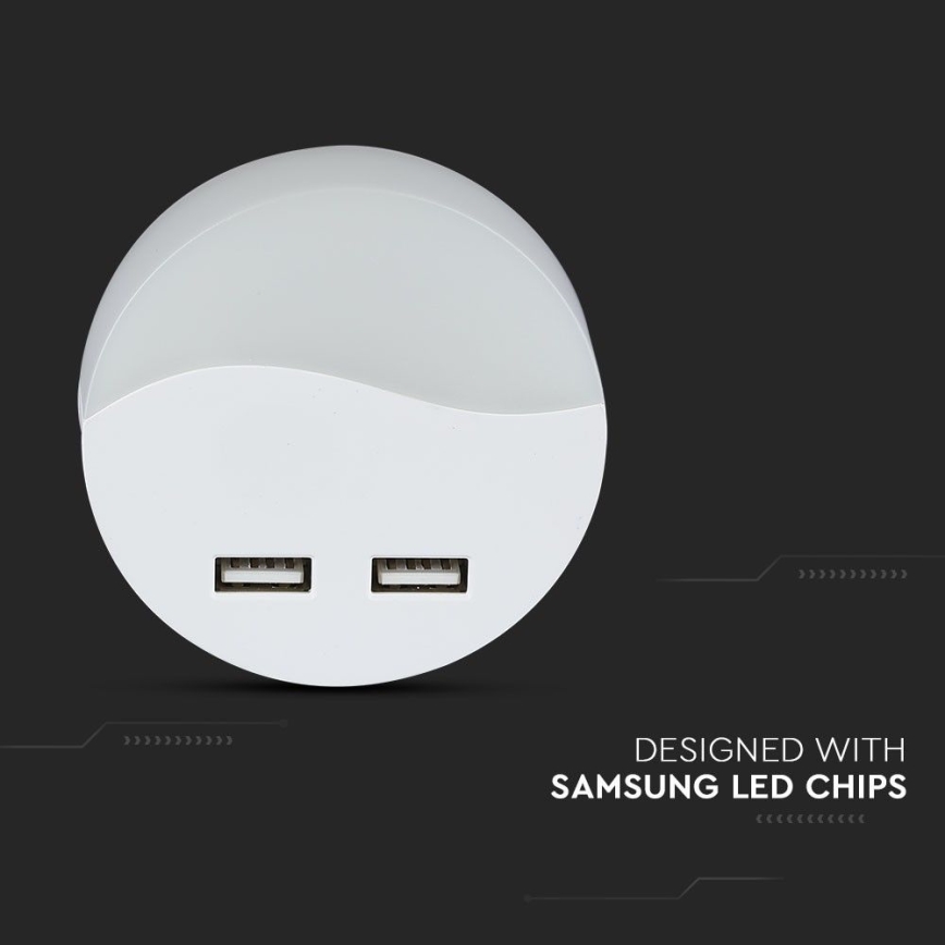Luz LED noturna com sensor de anoitecer 2xUSB LED/0,45W/230V 3000K