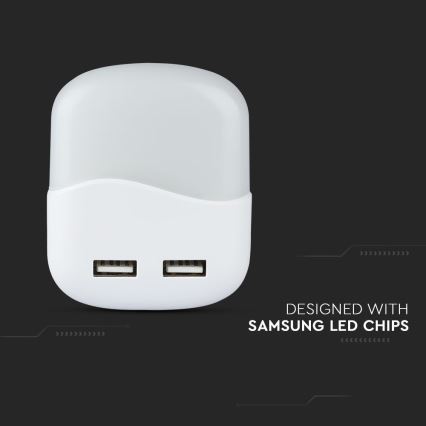 Luz LED noturna com sensor de anoitecer 2xUSB LED/0,45W/230V 3000K
